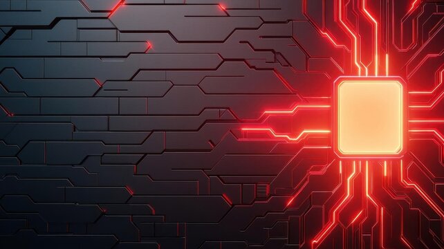 Abstract digital circuit background with glowing lines and central processor unit.