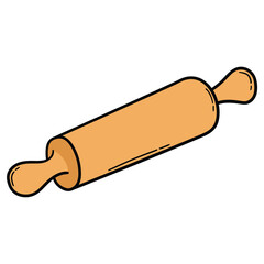 Hand drawn cartoon wooden rolling pin on white background.