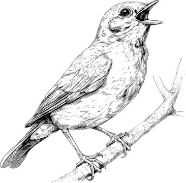 Bird sketch vintage song branch nightingale vector nature old animal illustration. Black lark white drawing singing robin songbird woodcut forest. Retro etching engraved thrush wings tattoo design.