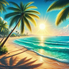Obraz premium Summer Beach Scene A sunny beach scene with palm trees sand and