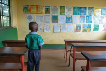 Asian child stands in an empty classroom, the problem of education in third world countries