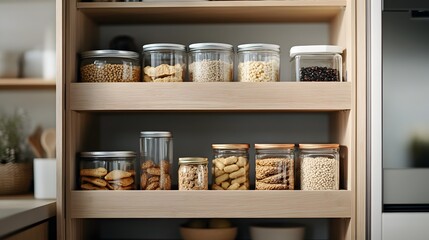 Pantry cabinet neatly organised – A well-arranged pantry cabinet with labeled jars, canned goods, and dry ingredients, all neatly stored for easy access