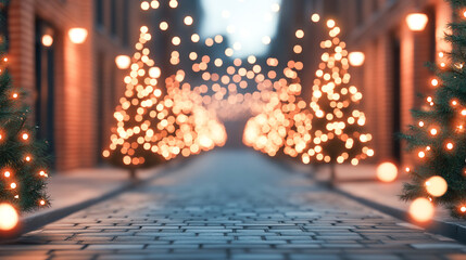 snowy street lined with festive holiday seasonal Christmas New Year lights and decorated tree creates magical winter scene. warm glow of lights contrasts beautifully with cold surroundings