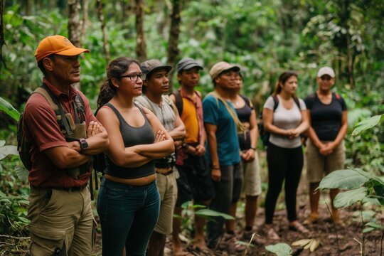 A group of environmental activists working to defend indigenous land rights, standing together in front of a threatened forest area