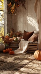 An empty scene featuring blank mockup template in a Thanksgiving gathering space with cozy blankets, fall pillows, and rustic wooden crates filled with pumpkins, 