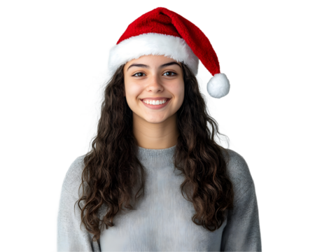 Cheerful young woman wearing a Santa hat, smiling against a white background, embodying holiday spirit and joy during the festive season.