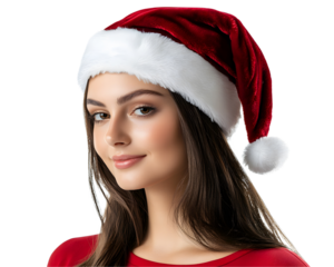A woman wearing a festive Santa hat, smiling warmly against a white background. Perfect for holiday themes and winter celebrations.