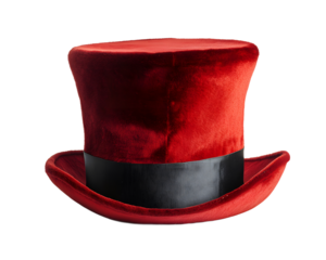 A vibrant red velvet top hat displayed against a clean, white background, ideal for festive occasions, performances, or costume parties.