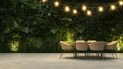 Fototapeta premium Elegant Spanish Al Fresco Dining Oasis with Rattan Furniture and Lush Greenery under String Lights
