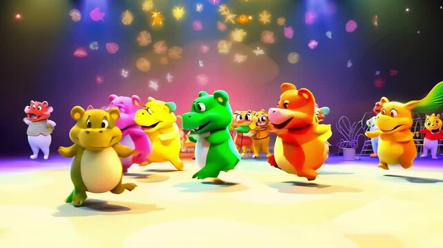 Colorful animated animals dancing on a bright stage, evoking joy and energy. Perfect for kids&rsquo; themes or animated entertainment, with a lively atmosphere.
