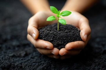 Hands Holding a Seedling Above Fertile Organic Soil. Symbol of Growth and Sustainability in Close-Up