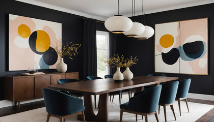 Prompt: A stylish and modern dining room with a dark color palette, featuring a long wooden table, blue velvet chairs, and striking abstract artwork. The room is illuminated by elegant pendant lights.
