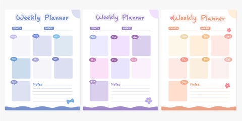 Simple Pastel Weekly Planner Template with Notes Section.A simple and pastel themed weekly planner template, featuring soft colors and a notes section for easy organization.