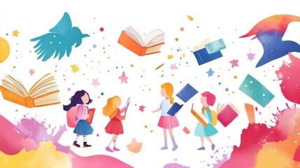 lyrical back-to-school tableau, silhouettes lost in literary worlds, typography dancing with watercolor wisps, books sprouting wings of imagination, paint splatters forming constellations of