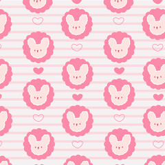 Cute pattern showcases a cute bunny face and heart icons in a kawaii style, set against a pink and white striped background. 
