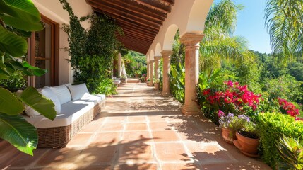 Naklejka premium Tranquil Spanish Terrace Oasis with Modern Lounge Area, Lush Greenery, and Colorful Flowers for Relaxation and Enjoyment