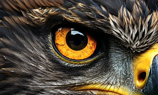 closeup eyes of eagle on dark background