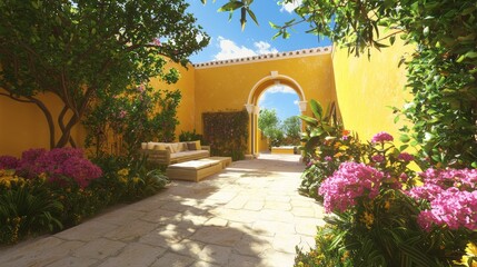 Fototapeta premium Vibrant Spanish Courtyard Oasis with Modern Outdoor Seating and Colorful Flowers for Entertaining and Relaxation