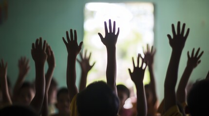 eager young hands stretch skyward, a sea of anticipation teacher silhouette at focal point, classroom alive with potential sunlight streams, illuminating faces bright with the thrill of learning
