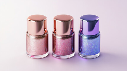 Obraz premium Three beige purple colors in nail polish bottles glass isolated on simple background. 3D fashion shimmering cosmetic beauty gradient metallic wallpaper salon spa material
