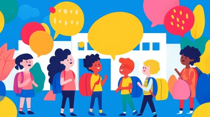 Fototapeta premium stylized illustration bursts with energy - multiethnic children converge, backpacks a riot of hues school building radiates welcoming warmth greetings visualized as vibrant speech bubbles, first-day