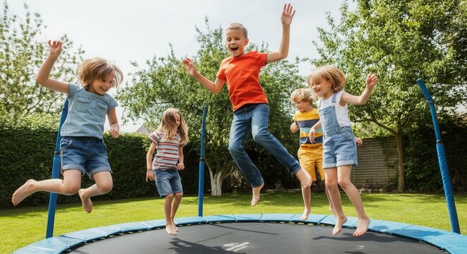 Five children are bouncing happily on a trampoline in a green garden during summer.
