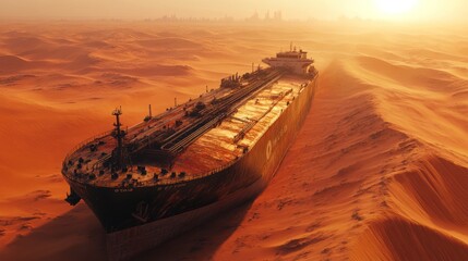 A large oil tanker ship is stranded and half-buried in a vast desert landscape, with the sun setting in the background.