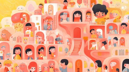 whimsical illustration explodes with diversity - students of varied ethnicities, abilities, and styles converge school building morphs into fantastical treehouse of learning cartoonish details