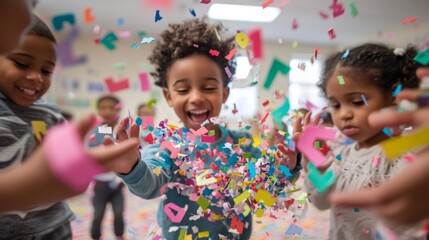 multiracial children cluster around nurturing teacher, letters dance in air classroom transforms into magical learning realm - books sprout wings, numbers climb walls preschoolers' wonder palpable as