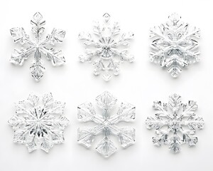 Six intricately designed snowflakes made of crystal, showcasing unique patterns and textures against a clean white background. Perfect for winter-themed designs and decorations.
