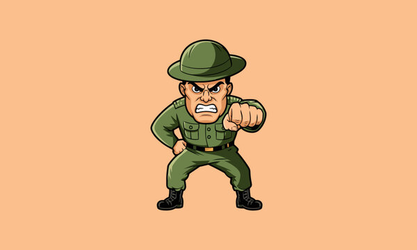 Angry drill sergeant pointing forward, military setting.