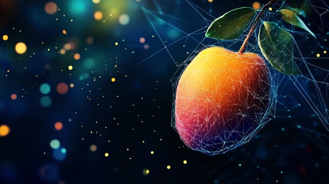 Abstract Mango Representation in Low Poly Wireframe Style on Dark Blue Background, Enhanced with Glowing Particles and Copy Space for a Sleek Modern Aesthetic.