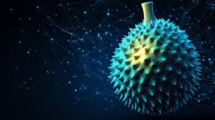 Abstract Durian Design on Dark Blue Background, with Low Poly Wireframe Lines and Glowing Particles for a Modern Aesthetic, Featuring Copy Space for Text or Branding.