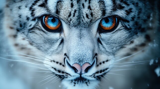Close-up portrait of snow leopard with striking blue eyes, intense gaze, wild feline, detailed fur texture, fierce expression, natural predator, endangered species, majestic animal, wildlife
