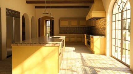 Obraz premium Vibrant Spanish Kitchen Elegance with Sleek Cabinetry and Colorful Tile Accents for Culinary Creativity