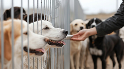 Feeding Dogs in a Shelter Showing Care and Responsibility