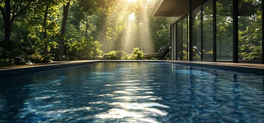 A modern pool in a lush forest setting with sunlight streaming through the trees.