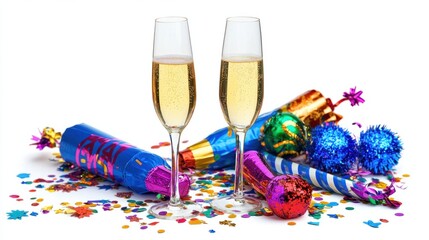 Fototapeta premium Festive flat lay with champagne flutes, party poppers, and confetti for New Year Eve, isolated on white