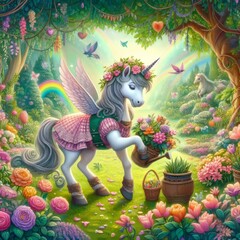 Gardener Unicorn A unicorn tending to a magical garden filled wi