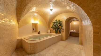 Luxurious Spanish-Style Bathroom with Modern Amenities and Spa-Like Ambiance