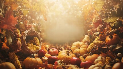 An empty scene featuring blank mockup template surrounded by a Thanksgiving bounty, with cornucopias spilling over with pumpkins, squash, apples, and dried corn, 