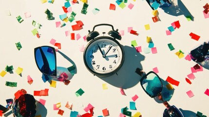 Obraz premium Flat lay of New Year Eve essentials: party confetti, 2024 glasses, and a clock, isolated on white