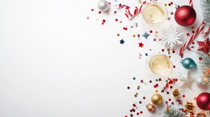 Fototapeta premium Flat lay with Happy New Year decorations, glasses of champagne, and confetti, isolated on white background