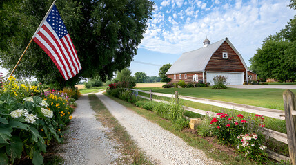 Fototapeta premium Celebrate independence day with a scenic view of the american flag draped over a rustic barn