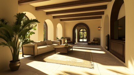 Comfort and Elegance: A Stylish Spanish Living Area with Modern Furniture and Warm Wooden Beams