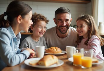 A cheerful family shares a joyful breakfast with smiles and delicious pastries.