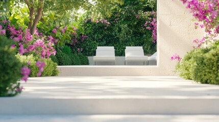 Fototapeta premium Tranquil Spanish Terrace Oasis with Modern Lounge Area Surrounded by Lush Greenery and Colorful Flowers for Relaxation | Ultra-Detailed Photo