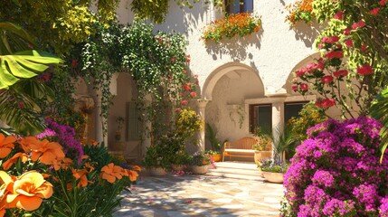 Obraz premium Vibrant Spanish Courtyard Oasis with Modern Seating and Colorful Flowers for Relaxation and Entertaining