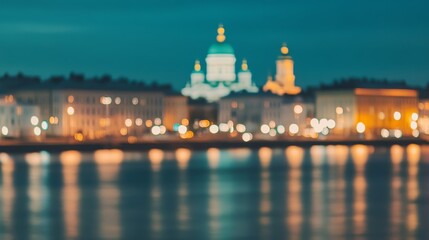 Abstract blurred bokeh of Uspenski Cathedral and Helsinki city embankment with defocused city street lights in the evening. Urban panoramic background with illuminated cityscape in Finland&rsquo;s capital