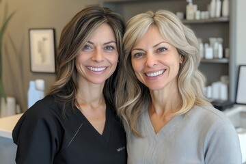 A dentist and patient exchanging smiles after a successful cosmetic dentistry procedure, showing bright, white teeth